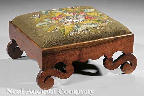 Appraisal: An American Late Classical Mahogany Footstool c period beaded needlepoint