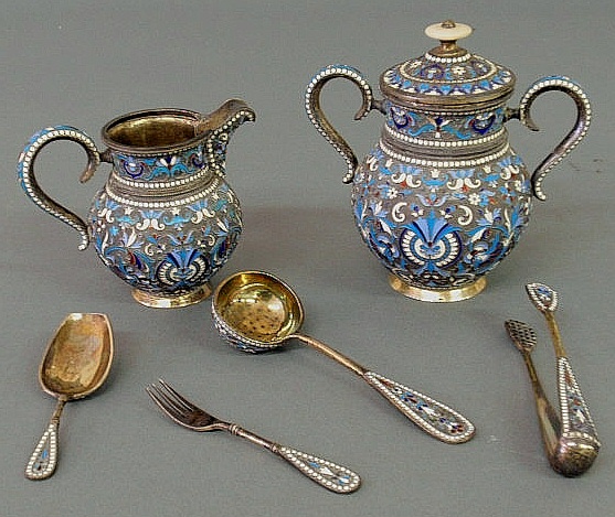 Appraisal: Set of Russian enamelware marked BA - creamer h covered