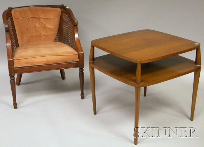 Appraisal: French-style Caned and Upholstered Barrel-back Armchair and a Modern Two-Tiered