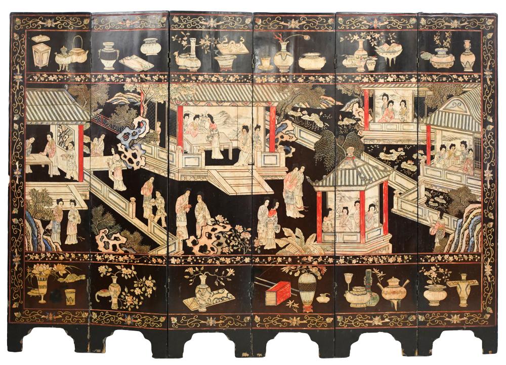 Appraisal: SIX PANEL ASIAN LACQUERED WOOD SCREENCondition cracks and paint loss