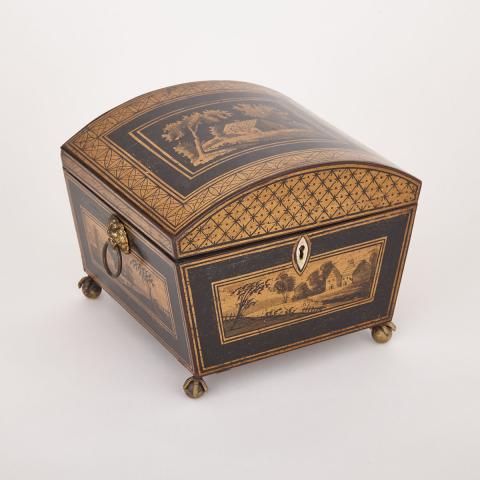 Appraisal: Regency Penwork Sycamore Work Box c of tapered form decorated