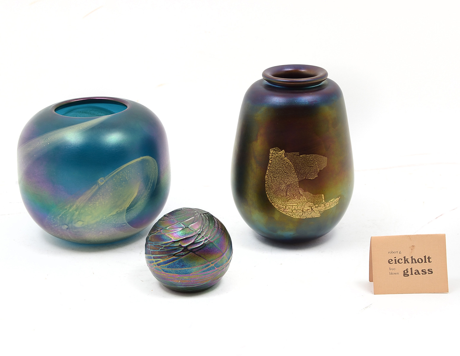 Appraisal: PIECE EICKHOLT VASE AND PAPERWEIGHT Comprising - iridescent vase having