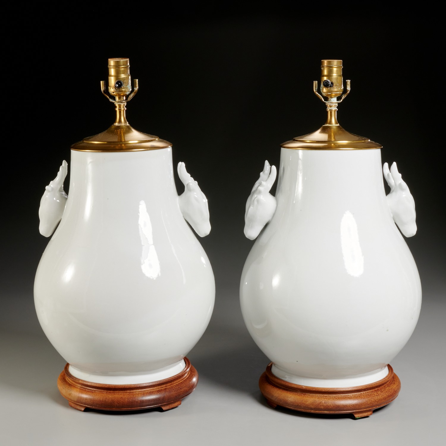 Appraisal: PAIR CHINESE BLANC DE CHINE DEER LUG VASE LAMPS th