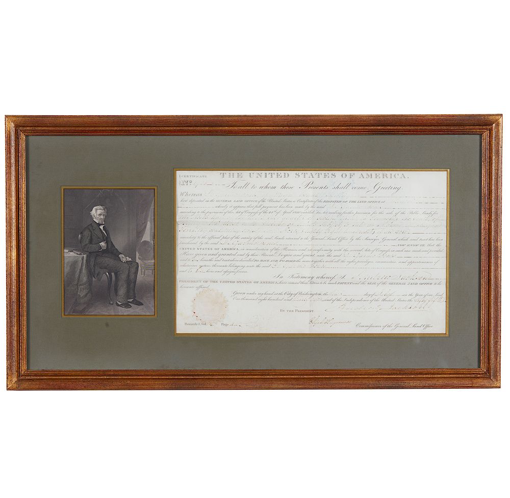 Appraisal: Andrew Jackson Land Grant Framed Andrew Jackson - land grant