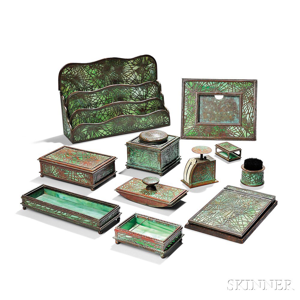 Appraisal: Eleven-piece Tiffany Studios Pine Needle Desk Set Patinated bronze slag