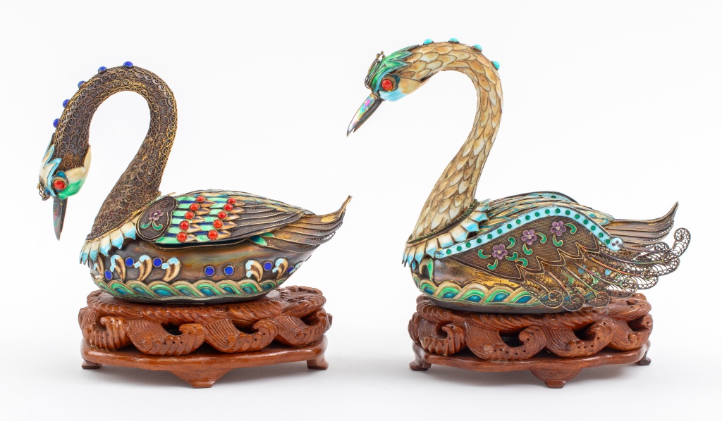 Appraisal: CHINESE SILVER FILIGREE ENAMEL SWAN BOXES PAIR Pair of Chinese