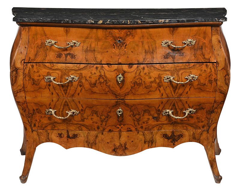 Appraisal: Baroque Style Figured Walnut Inlaid Bomb Commode probably Italian th