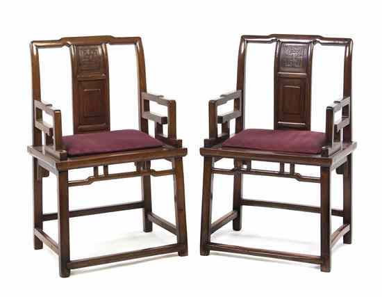 Appraisal: A Pair of Chinese Hardwood Official's Hat Armchairs each with