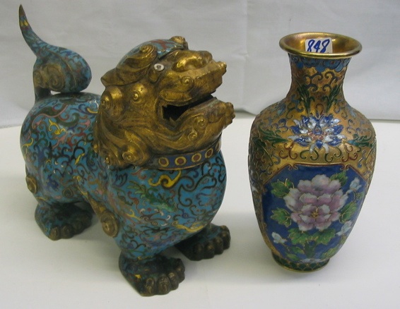 Appraisal: TWO CHINESE CLOISONNE ART OBJECTS One is a foo dog