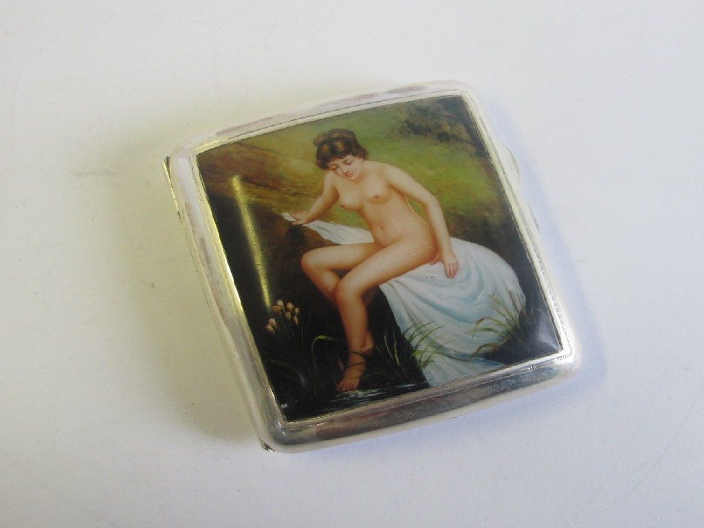 Appraisal: Silver and enamel cigarette case depicting a maiden bathing her