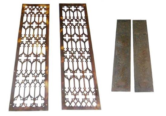 Appraisal: Four metalwork garden ornaments Pair Gothic style cast-metal grates reticulated