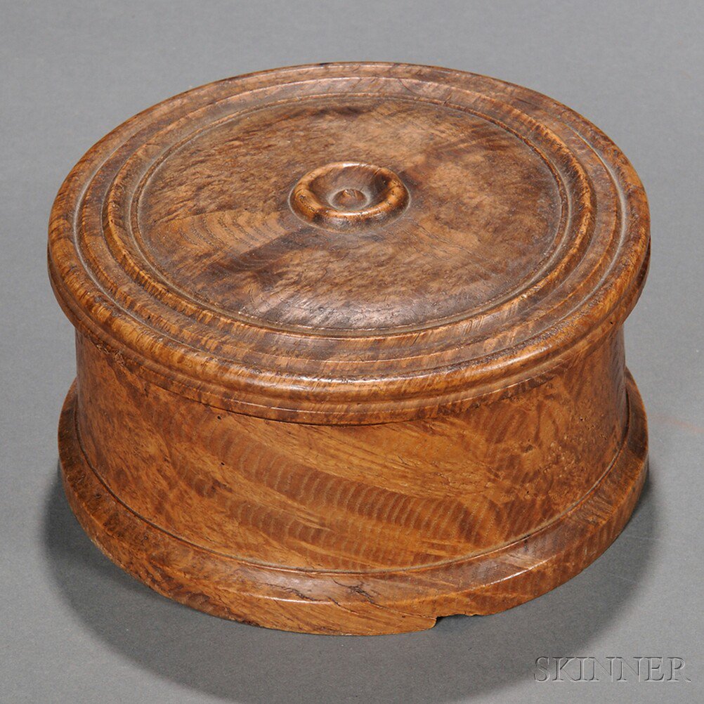 Appraisal: Turned Burl Ash Covered Box circular covered box with central