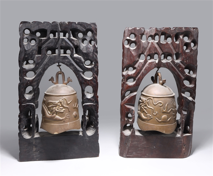 Appraisal: Pair Antique Japanese bronze bells with wood plaques with dragon