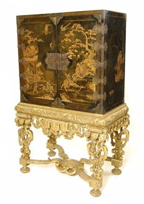 Appraisal: A Queen Anne japanned cabinet the doors decorated with a