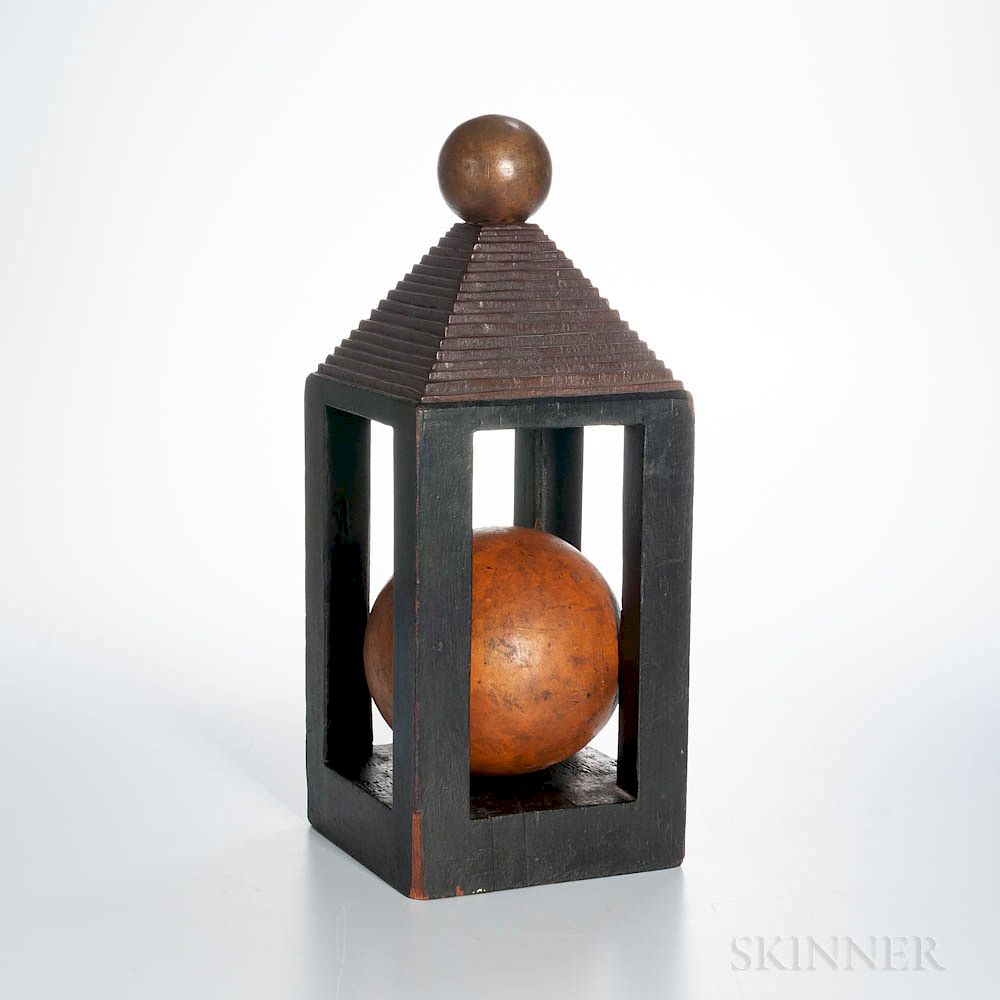 Appraisal: Carved and Painted Pine Sphere in Cage Whimsey Carved and