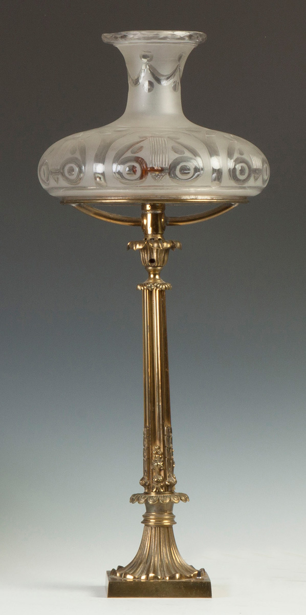 Appraisal: Sinumbra Lamp Early th cent Patinaed Brass Original engraved fire