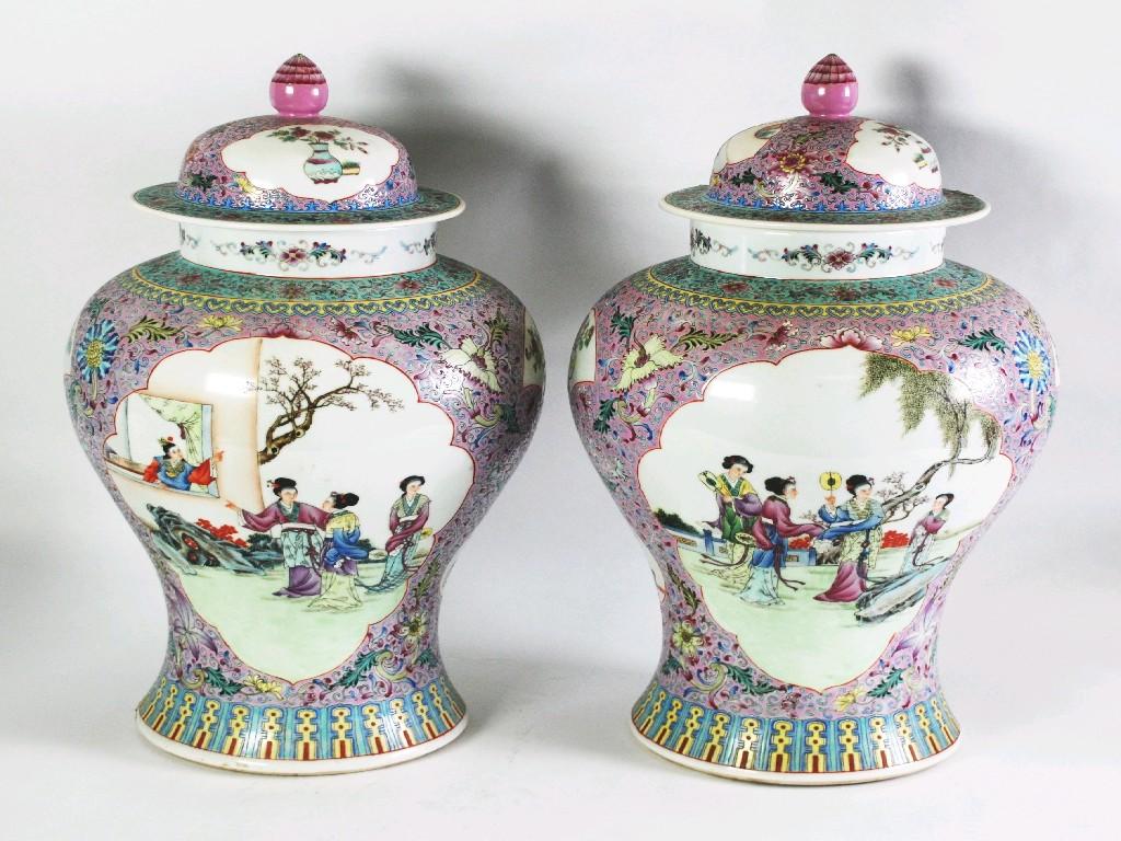 Appraisal: Pair of Chinese enamelled VASES baluster form with domed covers