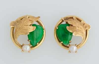 Appraisal: A Pair of Jadeite and Pearl Earrings k yellow gold