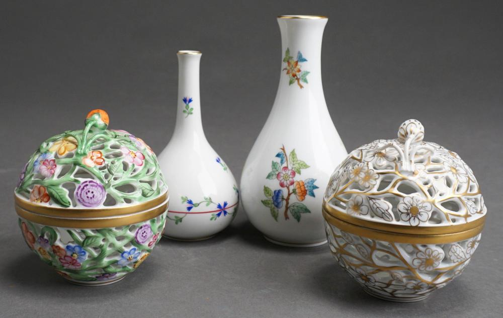 Appraisal: TWO HEREND PORCELAIN VASES AND TWO PIERCED POTPOURRIS H OF