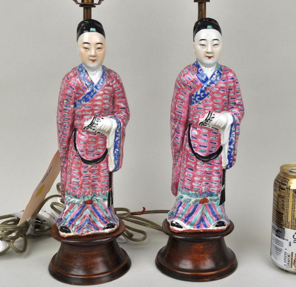 Appraisal: Pair Chinese Porcelain Figures As Lamps mounted on wooden bases