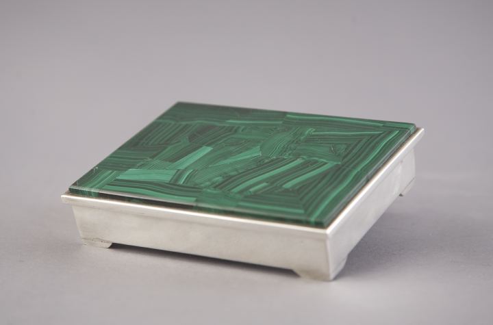 Appraisal: Sterling Silver and Malachite Footed Table Box the rectangular pieced