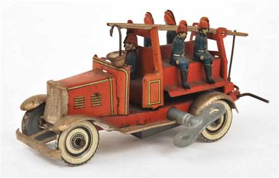 Appraisal: GERMAN CLOCKWORK TINPLATE FIRE ENGINE red with lithographed yellow detail