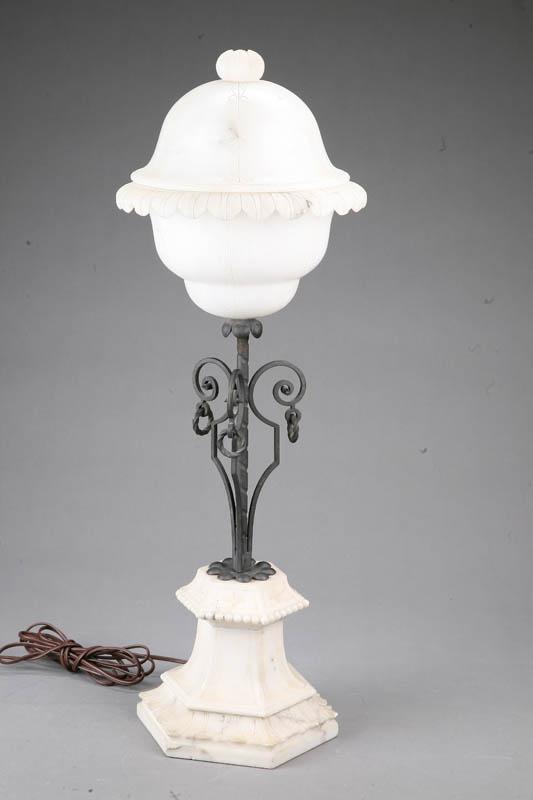 Appraisal: ALABASTER LAMP Etched shade with a wrought iron mid section