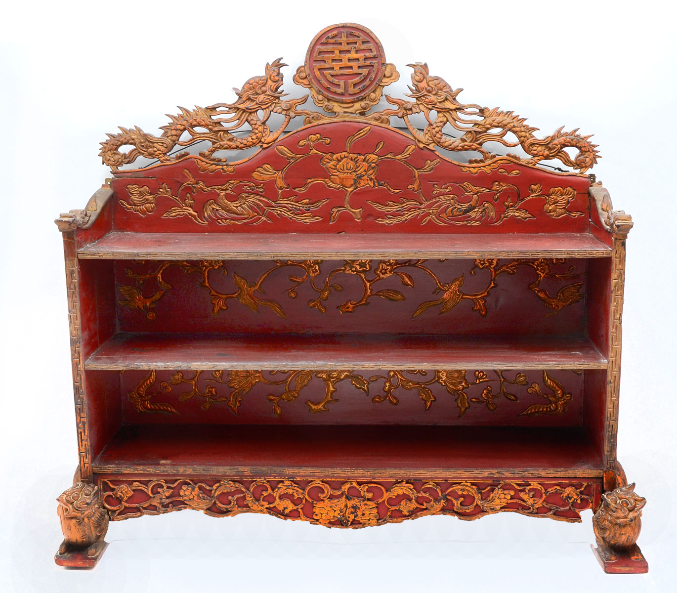 Appraisal: CARVED CHINESE WALL SHELF Qing dynasty Chinese red lacquer gilt