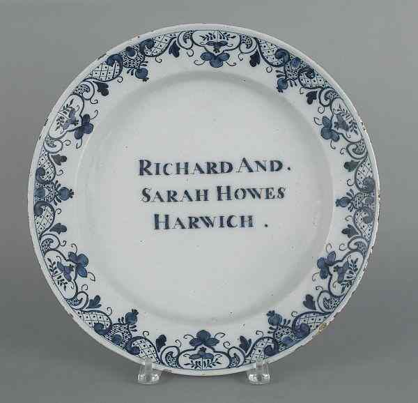 Appraisal: Delft presentation charger late th c inscribed Richard and Sarah