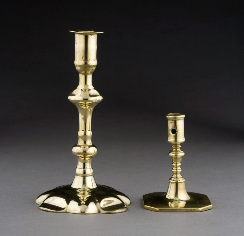 Appraisal: WILLIAM AND MARY BRASS TAPER STICK CIRCA The cylindrical nozzle