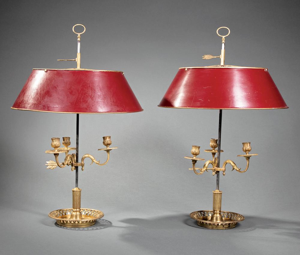 Appraisal: Pair of French Three-Light Bouillotte Lamps th c adjustable tole