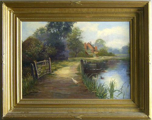 Appraisal: Oil on canvas landscape with a cottage th c x