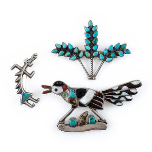 Appraisal: Navajo and Zuni Silver Pins Brooches PLUS mid - third