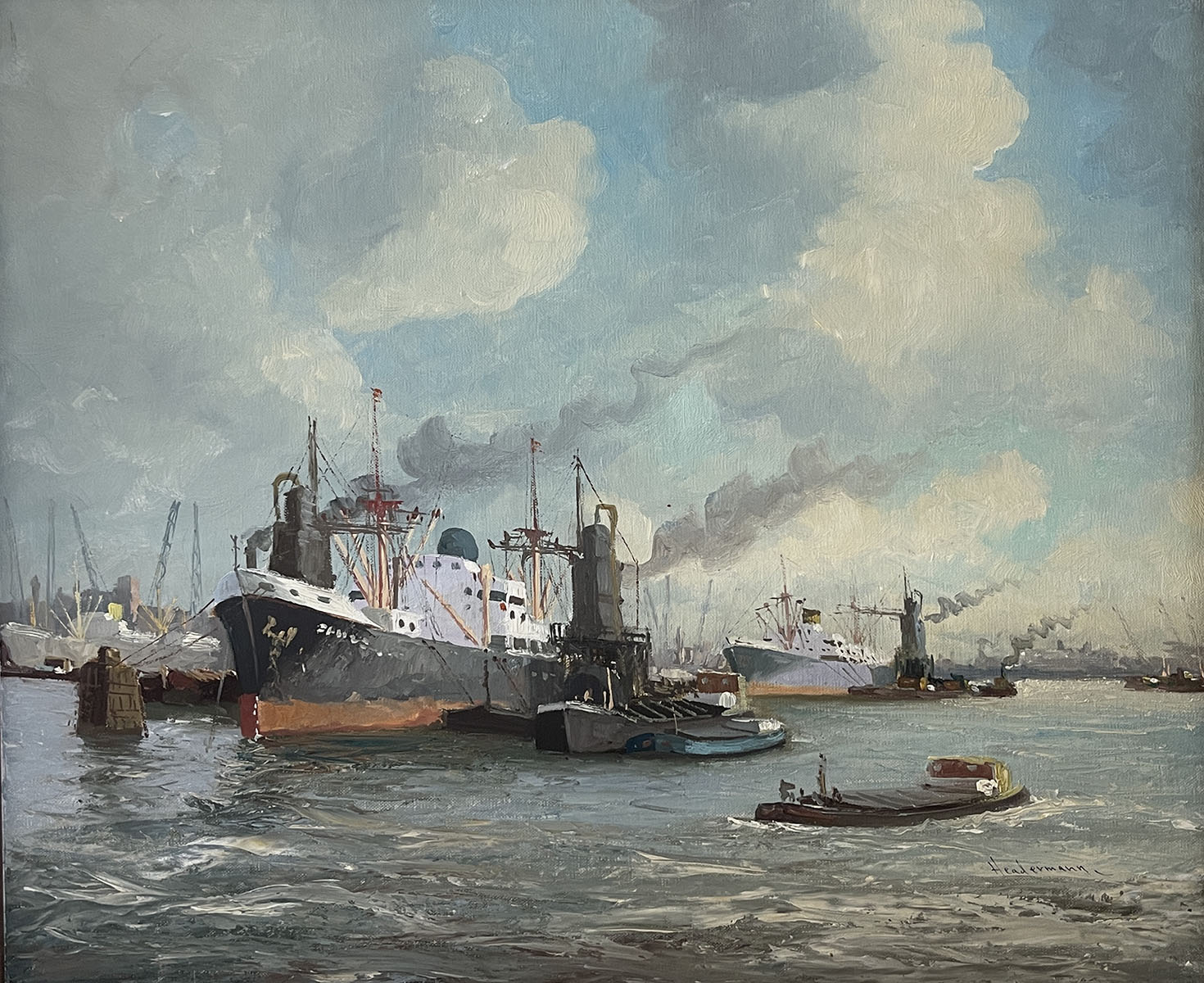 Appraisal: HEADERMANN HARBOR PAINTING WITH OCEAN LINERS Oil Canvas '' x