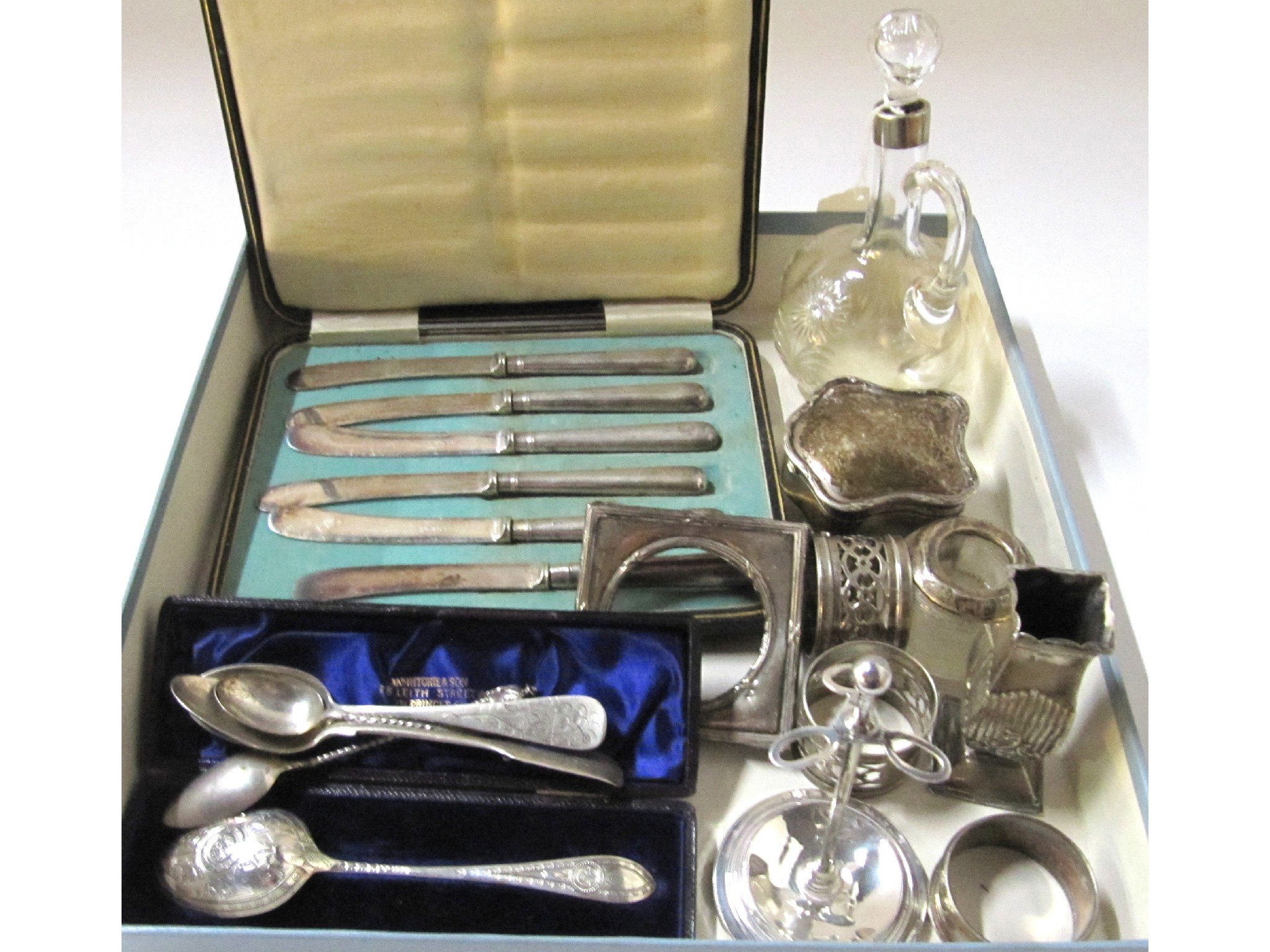 Appraisal: A lot comprising cased silver handled knives spoons hat pin