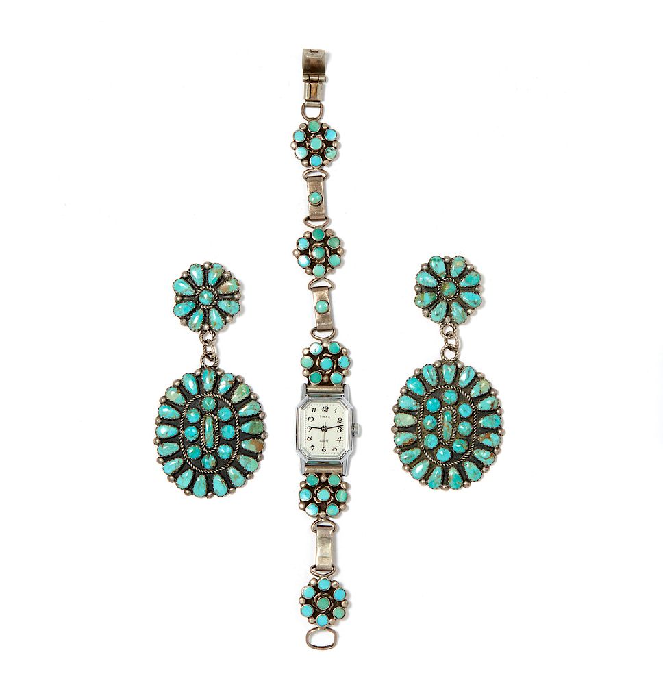 Appraisal: Zuni Silver and Turquoise Jewelry Suite Zuni silver and turquoise