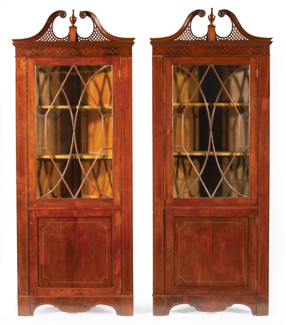 Appraisal: Pair of Federal Inlaid Mahogany Corner Cabinets th c reticulated