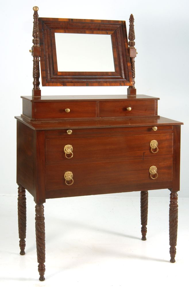 Appraisal: ANTIQUE SHERATON-STYLE DRESSING TABLE th CenturyIn mahogany with acanthus-carved mirror