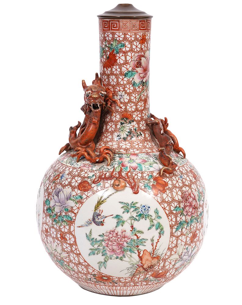 Appraisal: Chinese Famille Rose Vase with Encrusted Dragon Chinese Famille Rose