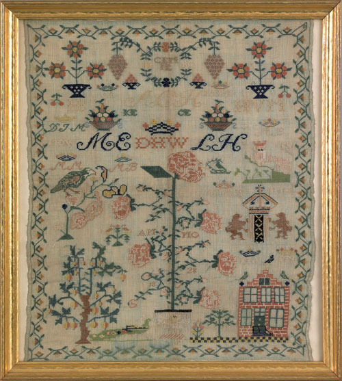 Appraisal: Continental needlework sampler dated with flowers bird lion peacock and