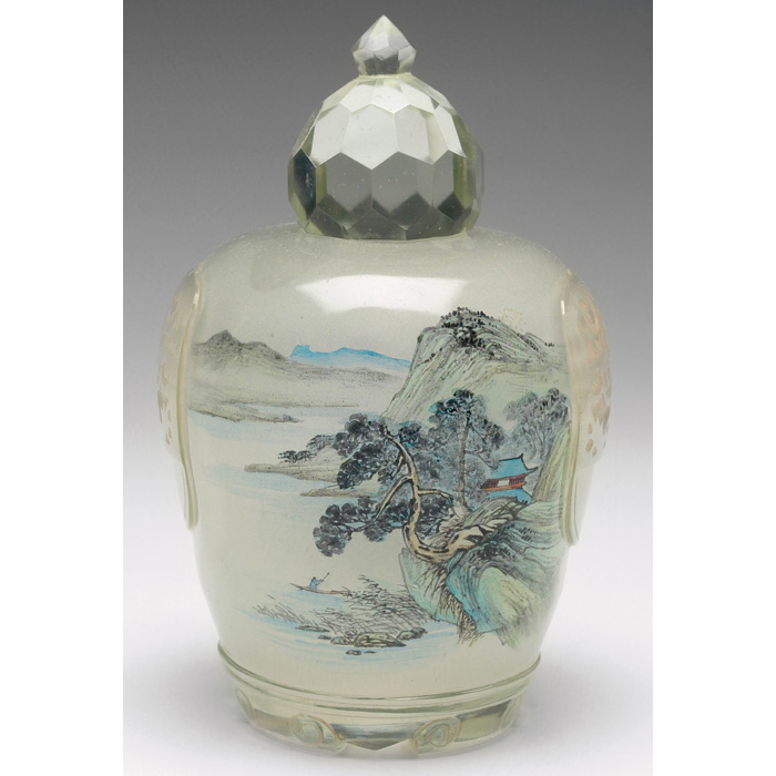 Appraisal: Chinese Peking snuff bottle painted waterfront embossed Chinese characters faceted