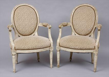 Appraisal: PAIR OF LOUIS XVI-STYLE CARVED AND PAINTED FAUTEUILS EN CABRIOLET