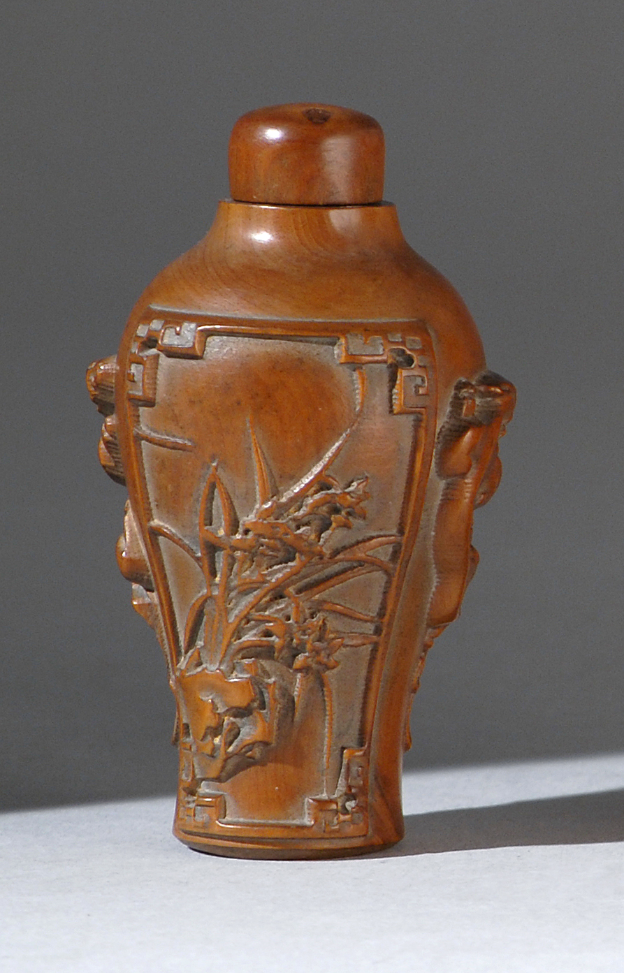 Appraisal: WOOD SNUFF BOTTLE In vase form with two panels in