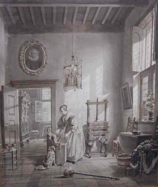 Appraisal: Lambertus Johannes Hansen - watercolour en grisaille Interior with mother