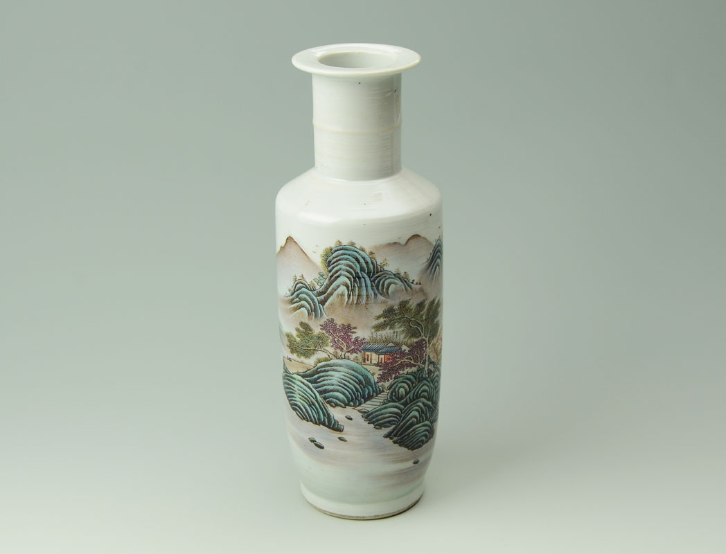 Appraisal: CHINESE POLYCHROME LANDSCAPE DECORATED VASE Baluster form porcelain vase with