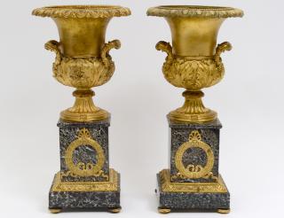 Appraisal: PAIR OF EMPIRE STYLE GILT BRONZE AND MARBLE URNS French