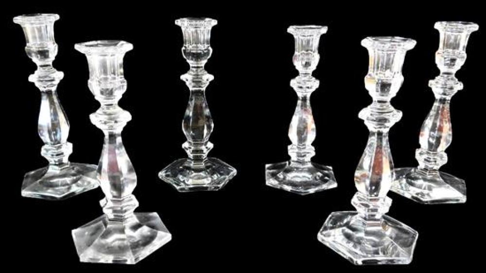 Appraisal: GLASS Three pairs of blown and cut clear glass candlestick