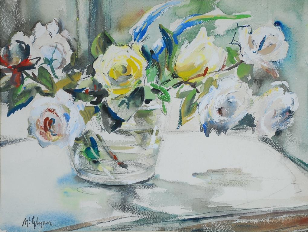 Appraisal: TERRY McGLYNN - WATERCOLOUR Roses in glass bowl signed and