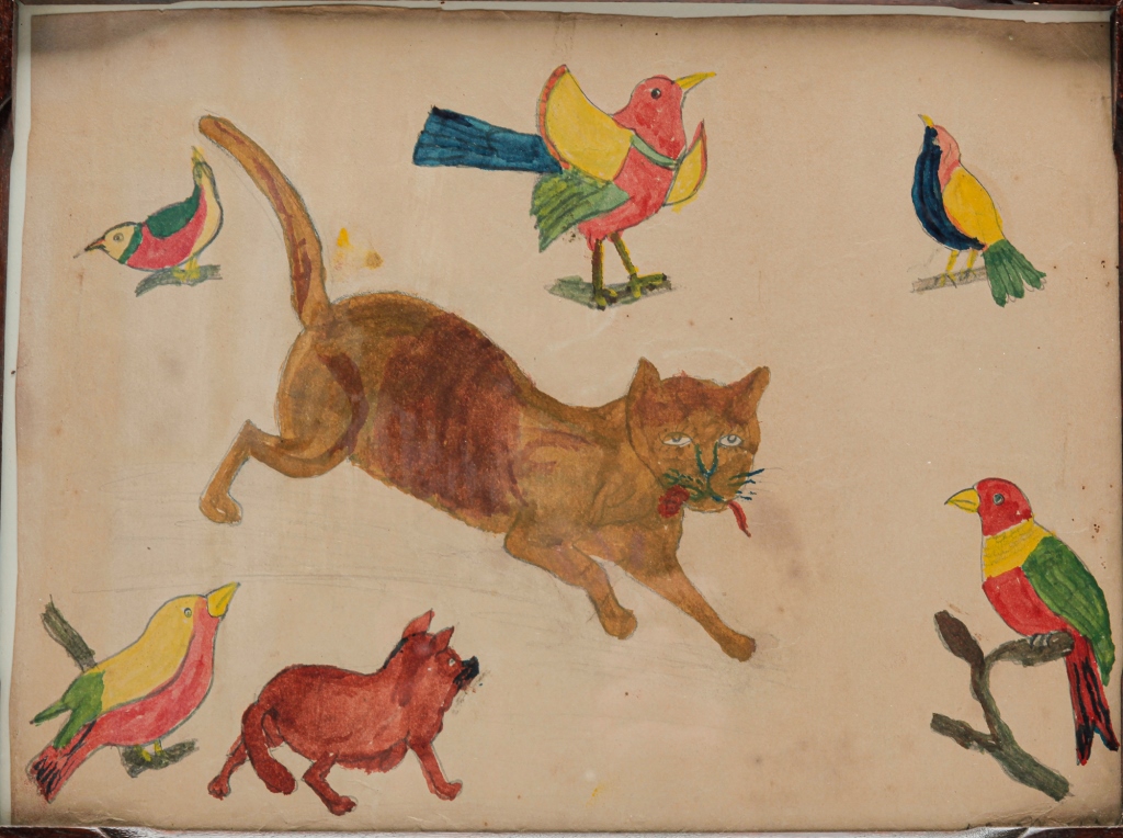 Appraisal: AMERICAN FOLK ART PAINTING OF CAT AND BIRDS Attributed to