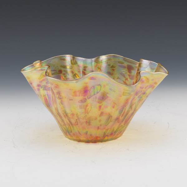 Appraisal: RUFFLED OIL SPOT GLASS BOWL x Iridescent oil spot glass